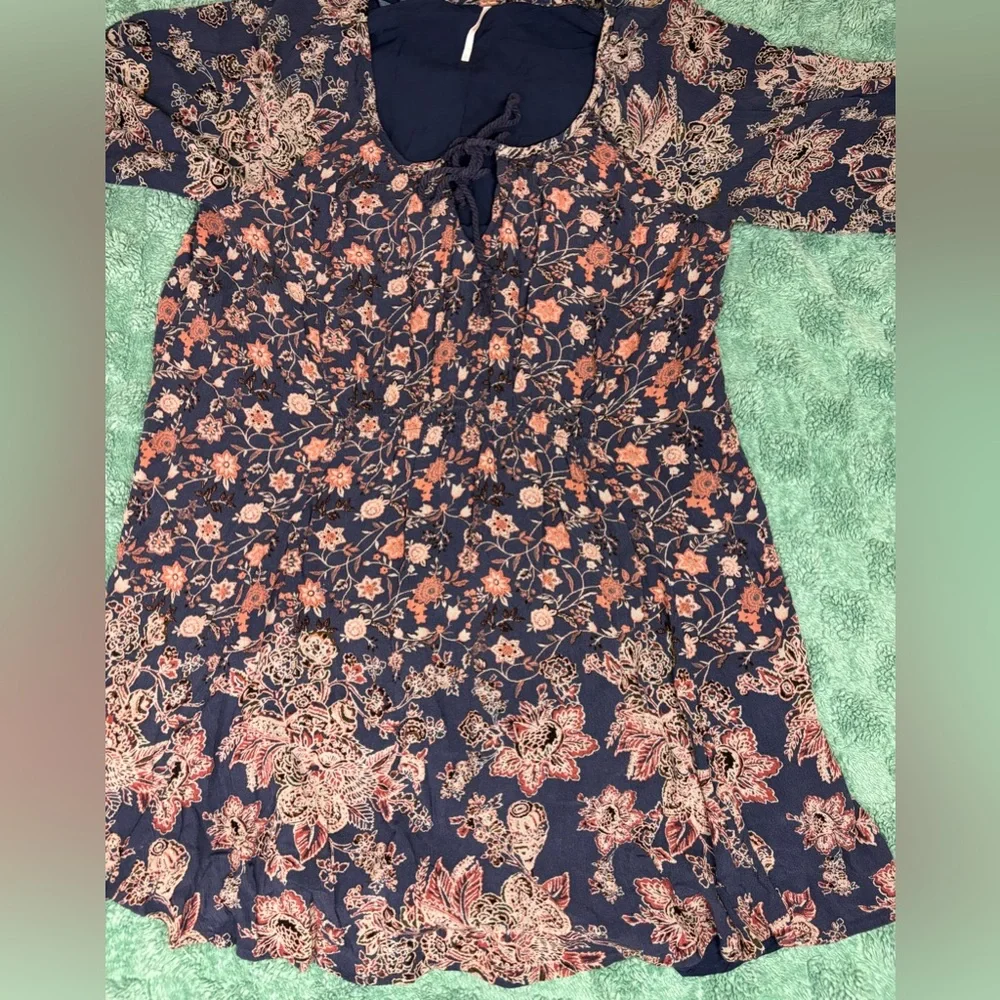 Free People Style Blue Floral Boho Tunic Top Flowy Long Sleeve - Picture 6 of 10